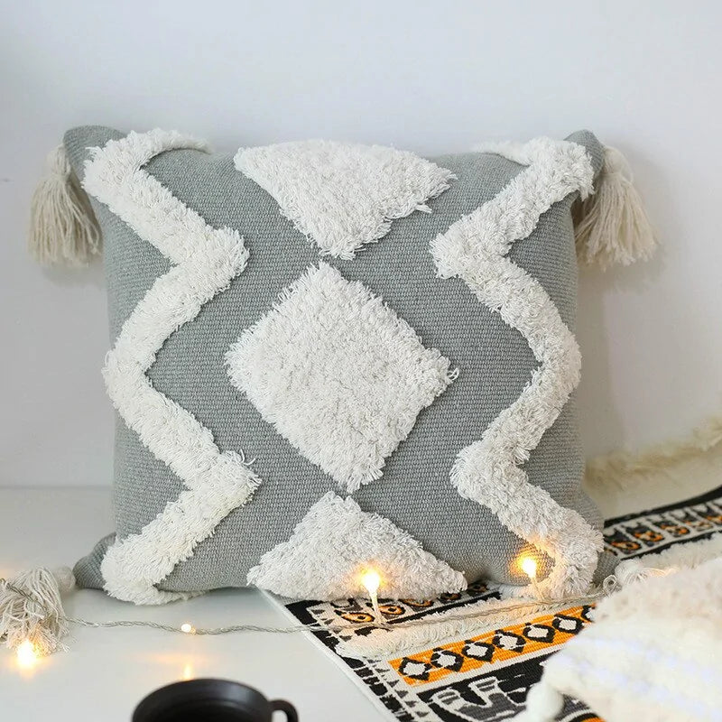 45x45cm cojines decorativos para sofa Morocco geometric black and white tufted tassel pillowcase