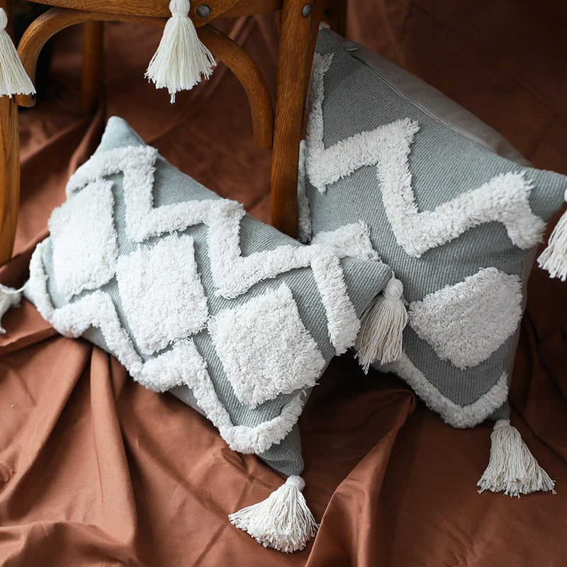 45x45cm cojines decorativos para sofa Morocco geometric black and white tufted tassel pillowcase