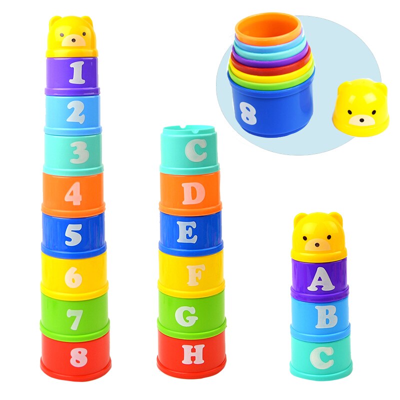 8PCS Educational Baby Toys 6Month Figures Letters Foldind Stack Cup Tower