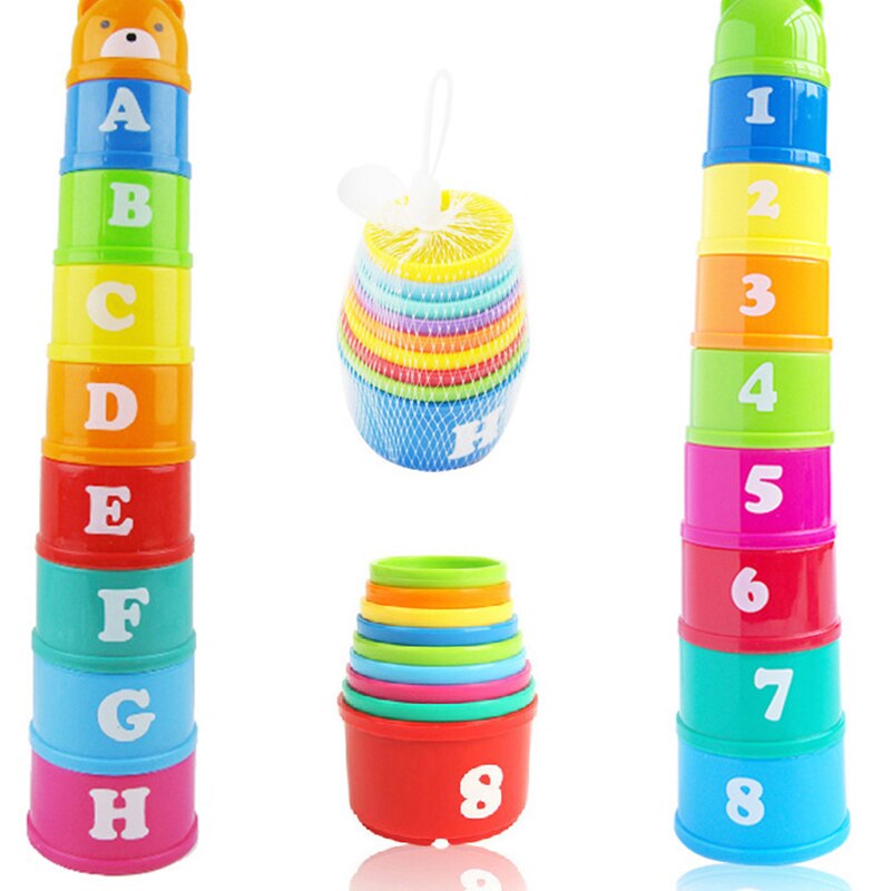 8PCS Educational Baby Toys 6Month Figures Letters Foldind Stack Cup Tower