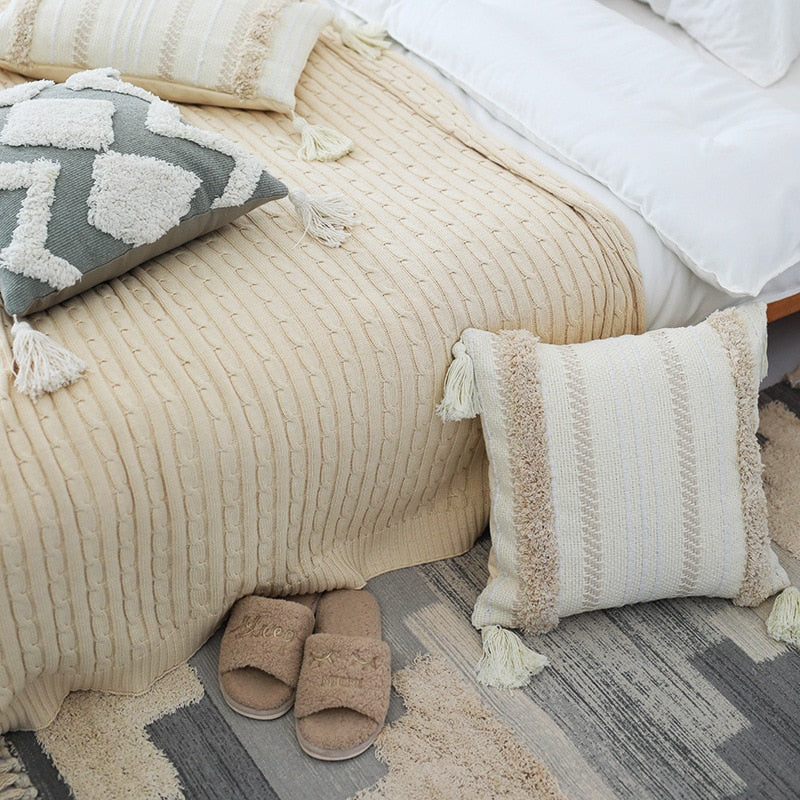45x45cm cojines decorativos para sofa Morocco geometric black and white tufted tassel pillowcase
