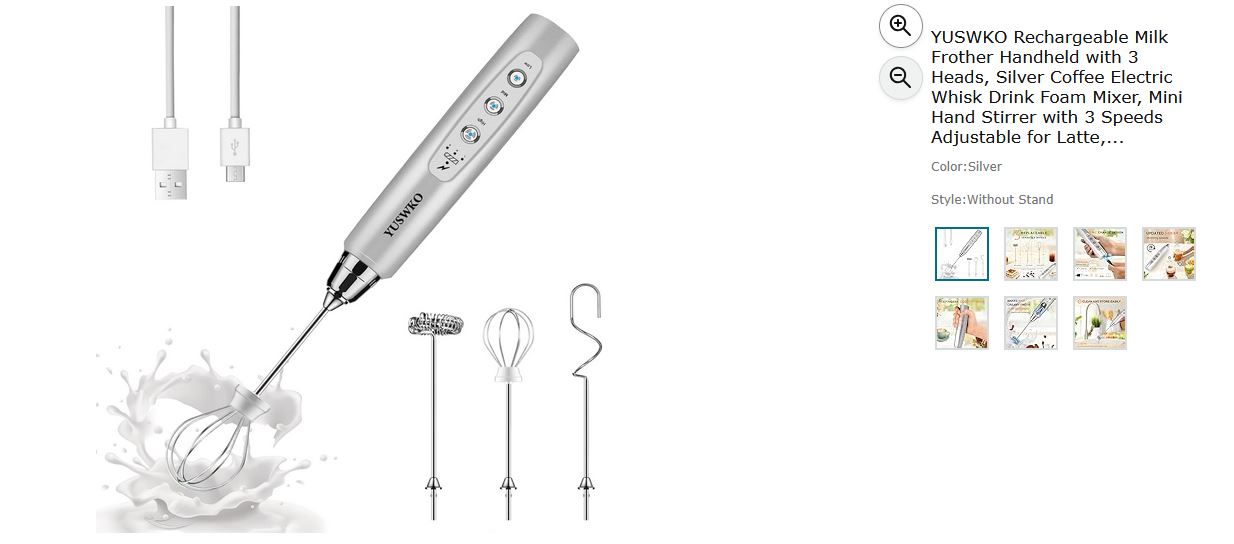 YUSWKO Rechargeable Milk Frother Handheld with 3 Heads, Silver Coffee Electric Whisk Drink Foam Mixer, Mini Hand Stirrer with 3 Speeds Adjustable for Latte, Cappuccino, Hot Chocolate, Egg