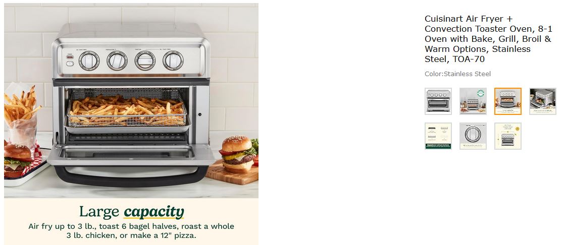 Cuisinart Air Fryer + Convection Toaster Oven, 8-1 Oven with Bake, Grill, Broil & Warm Options, Stainless Steel, TOA-70