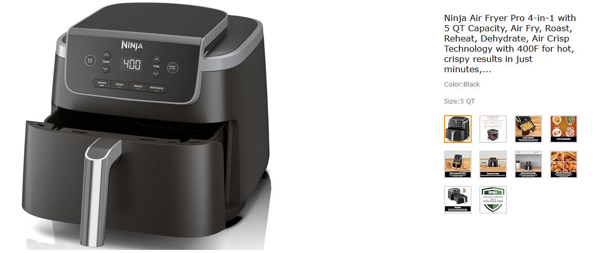 Ninja Air Fryer Pro 4-in-1 with 5 QT Capacity, Air Fry, Roast, Reheat, Dehydrate, Air Crisp Technology with 400F for hot, crispy results in just minutes, Nonstick Basket & Crisper Plate, Grey, AF141
