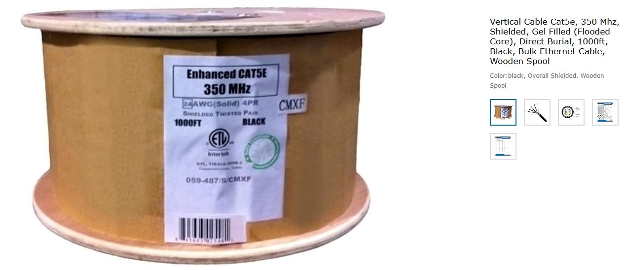 Vertical Cable Cat5e, 350 Mhz, Shielded, Gel Filled (Flooded Core), Direct Burial, 1000ft, Black, Bulk Ethernet Cable,