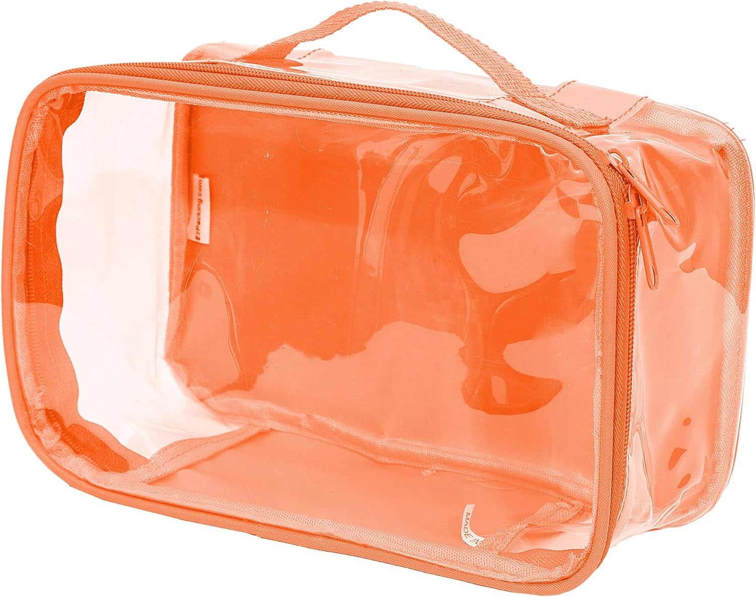 Small Clear Travel Packing Cube/See through PVC Plastic Pouch for Carry on Suitcase, Backpack or Diaper Bag/Transparent Multipurpose Accessories, Makeup & Underwear Organizer W/Handle (Orange)