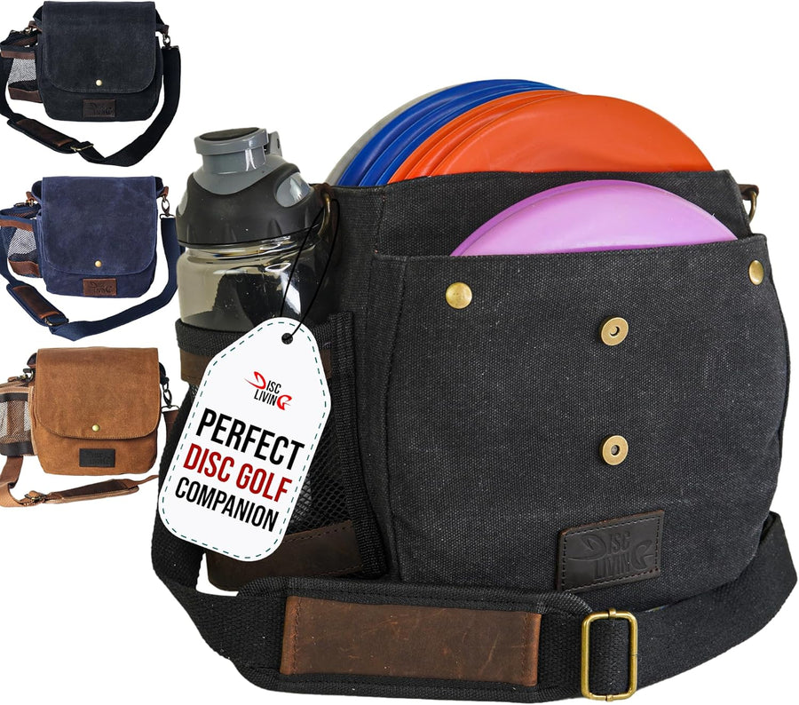 Disc Golf Bag | Frisbee Golf Bag | Easy to Carry | Lightweight Fits up to 10 Discs | 16 Oz Waxed Canvas Sturdy Design | Belt Loop | Double Button Design | Bottle Holder