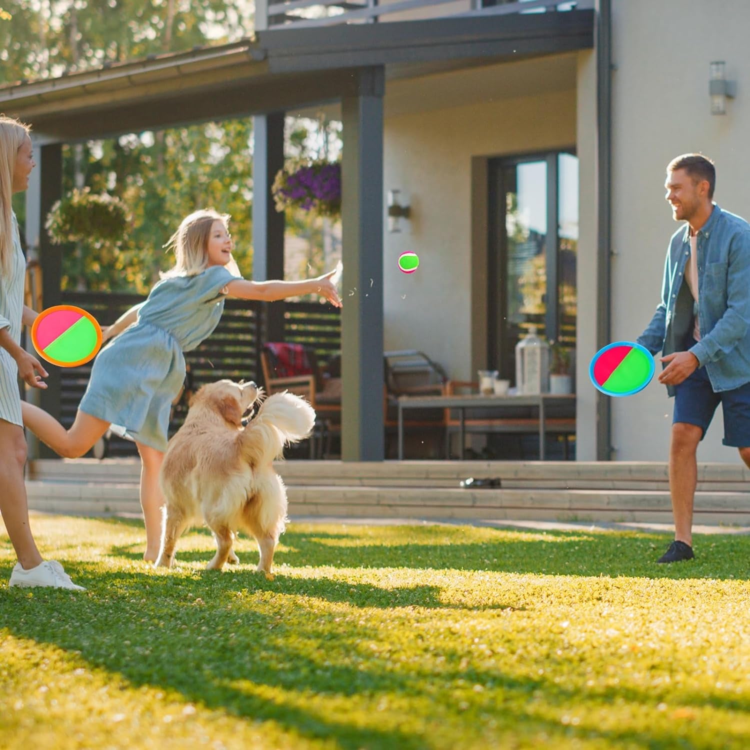 Kids Outdoor Toys - Toss and Catch Game Set, outside Yard Camping Beach Pool Toys Games for Boys Girls 3 4 5 6 7 8 9 10 Year Old, 4 Paddles 4 Balls (Blue+Orange)