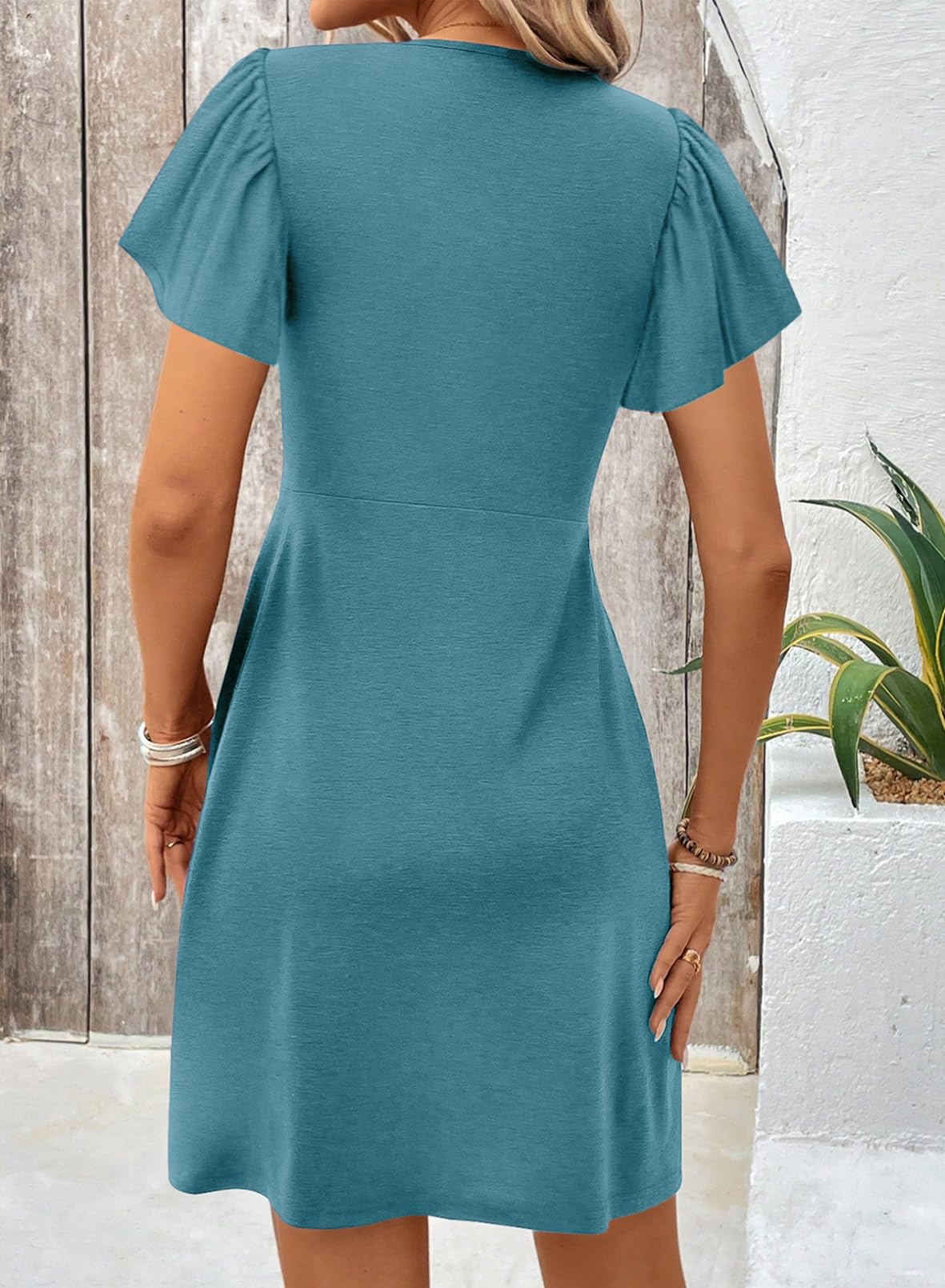 Acelitt Womens Casual Summer Twist Front V Neck Short Sleeve Mini Dress, S-XXL