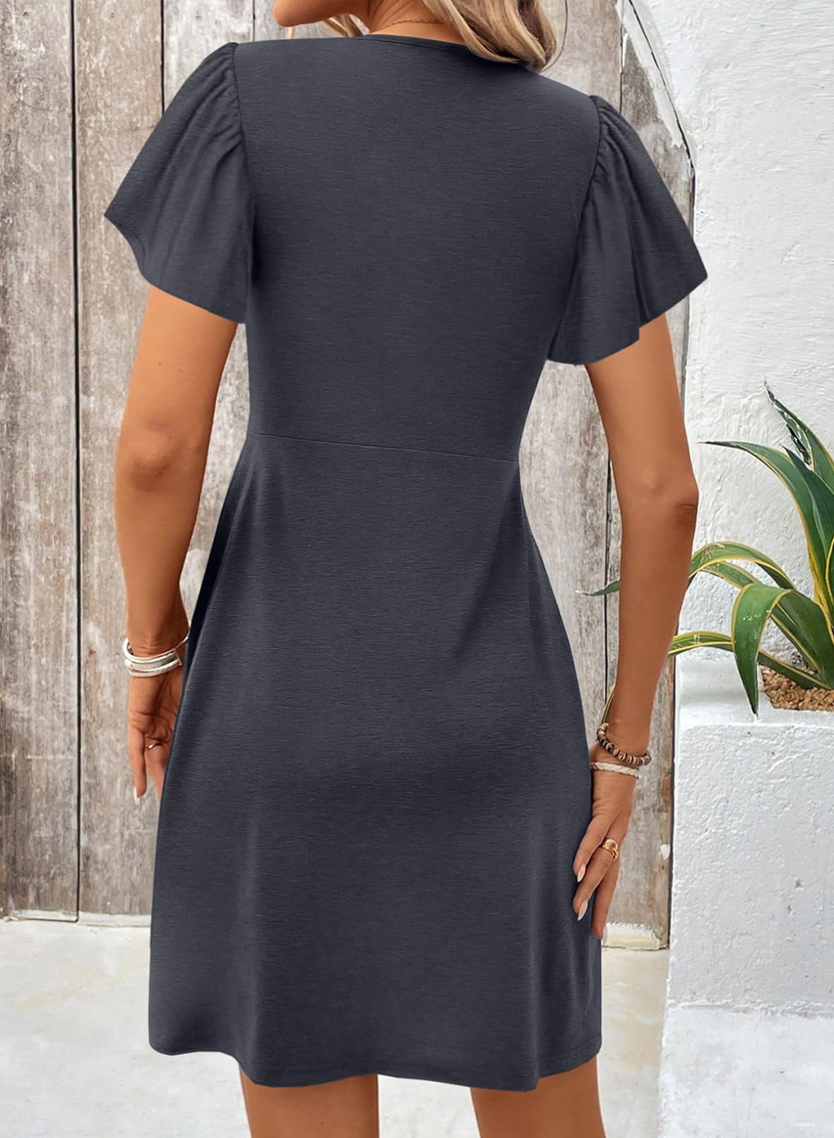 Acelitt Womens Casual Summer Twist Front V Neck Short Sleeve Mini Dress, S-XXL