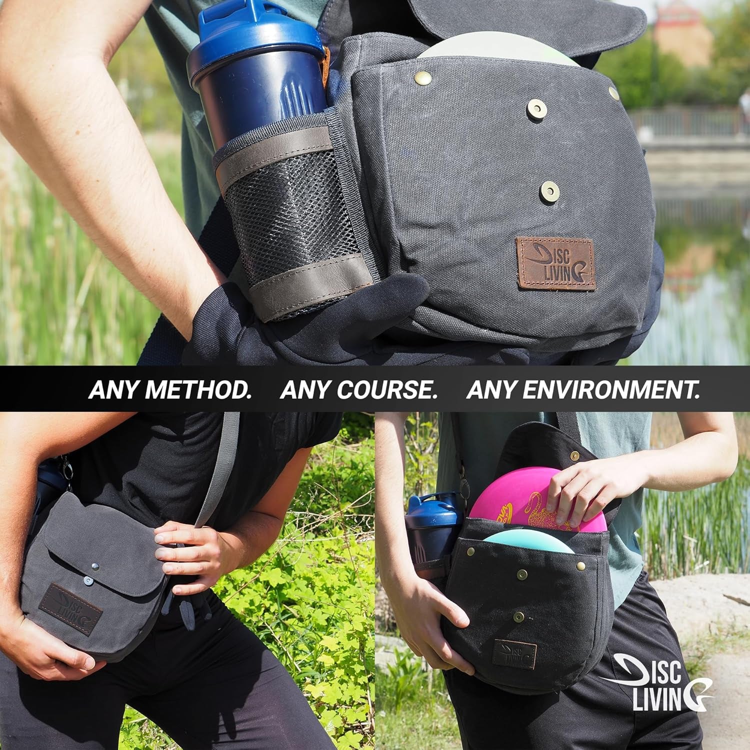 Disc Golf Bag | Frisbee Golf Bag | Easy to Carry | Lightweight Fits up to 10 Discs | 16 Oz Waxed Canvas Sturdy Design | Belt Loop | Double Button Design | Bottle Holder