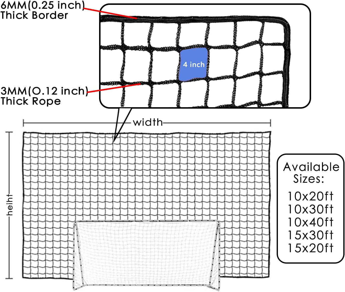 20Ft,30Ft,40Ft Soccer Net for Soccer Goal, Football Net Soccer Backstop Net High
