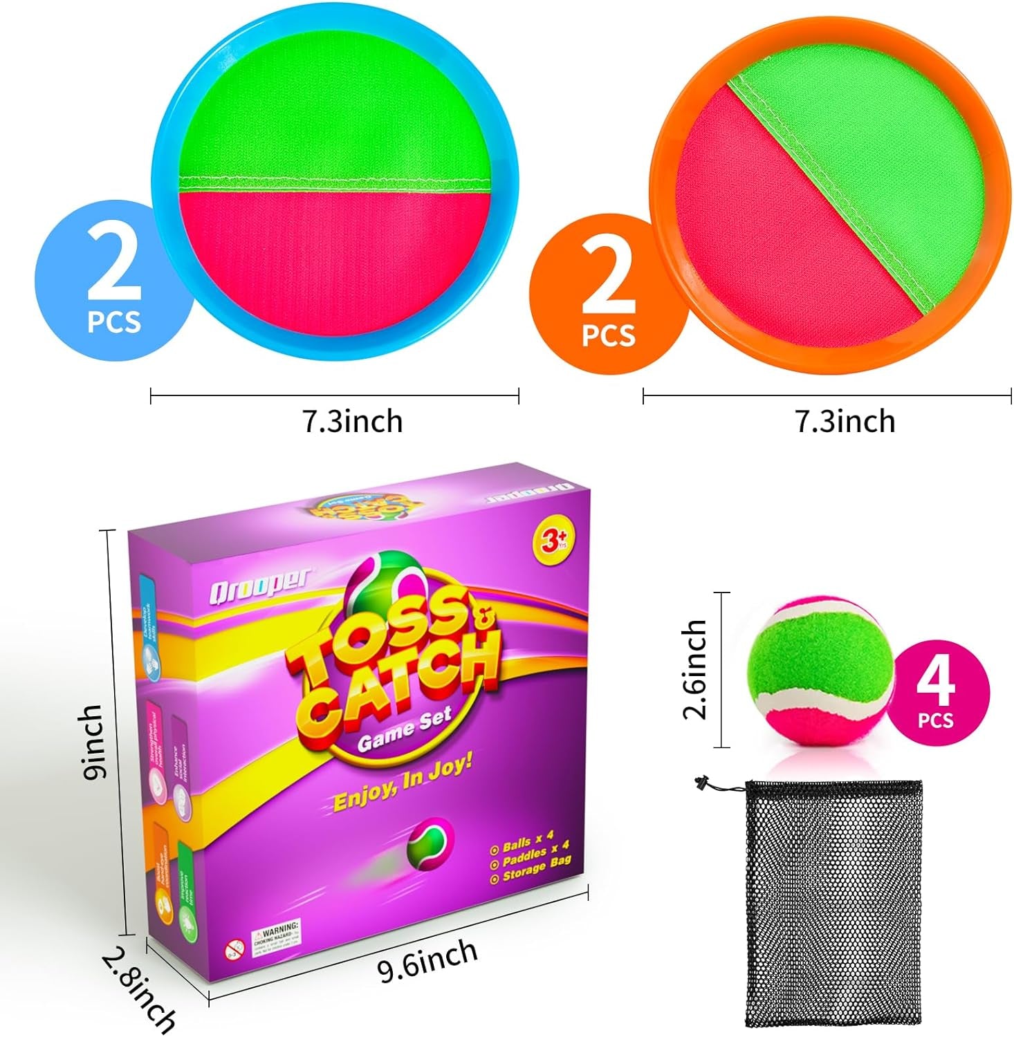 Kids Outdoor Toys - Toss and Catch Game Set, outside Yard Camping Beach Pool Toys Games for Boys Girls 3 4 5 6 7 8 9 10 Year Old, 4 Paddles 4 Balls (Blue+Orange)