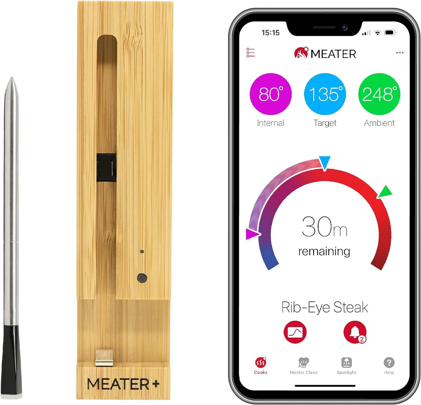 MEATER Plus: Smart Bluetooth Wireless Meat Thermometer Digital | BBQ, Grill, Oven, Smoker, Air Fryer, Deep Fryer, Kitchen | Perfect for Steak, Chicken, Turkey, and More | 50+ Recipes in App