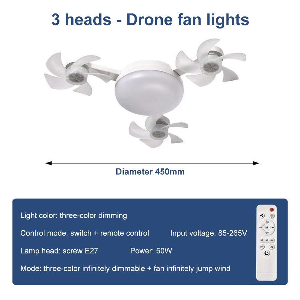 2 in 1 Hanging Fan with LED Light E27 Universal Dimming Drone Fan Silent Ceiling Drone Fan for Dining Room Bedroom Living Room