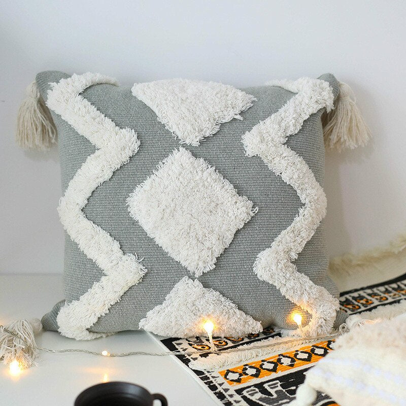 45x45cm cojines decorativos para sofa Morocco geometric black and white tufted tassel pillowcase