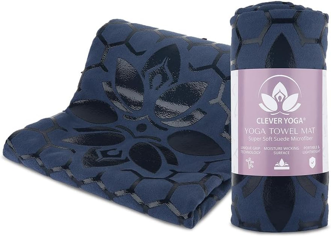 Non-Slip Hot Yoga Towel Mat - Sweat Absorbent Microfiber Suede & Double Sided Grip Hot Yoga Mat Towel with Honeycomb Design, Easy Portable for Pilates, Exercise, Workout - Dark Blue