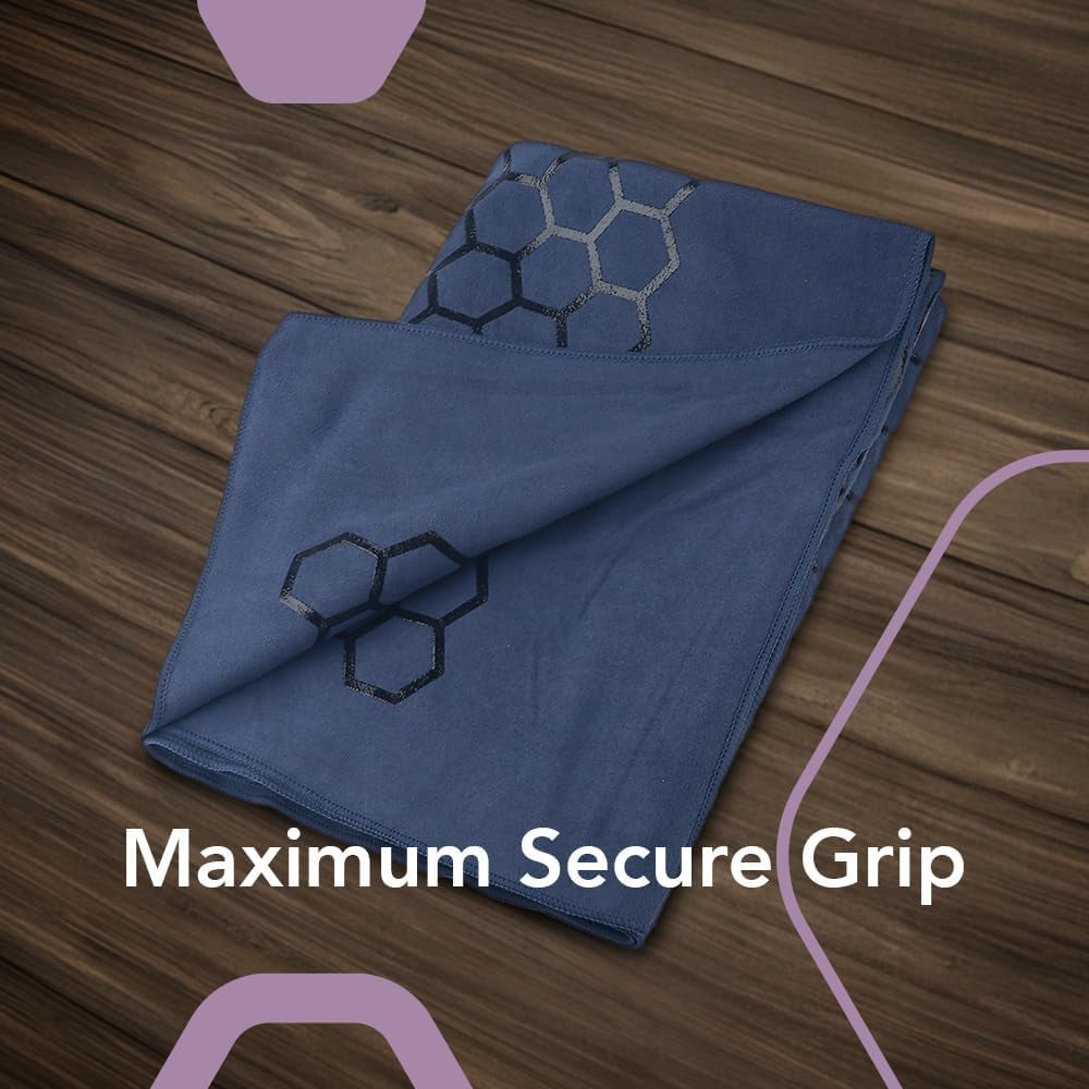 Non-Slip Hot Yoga Towel Mat - Sweat Absorbent Microfiber Suede & Double Sided Grip Hot Yoga Mat Towel with Honeycomb Design, Easy Portable for Pilates, Exercise, Workout - Dark Blue