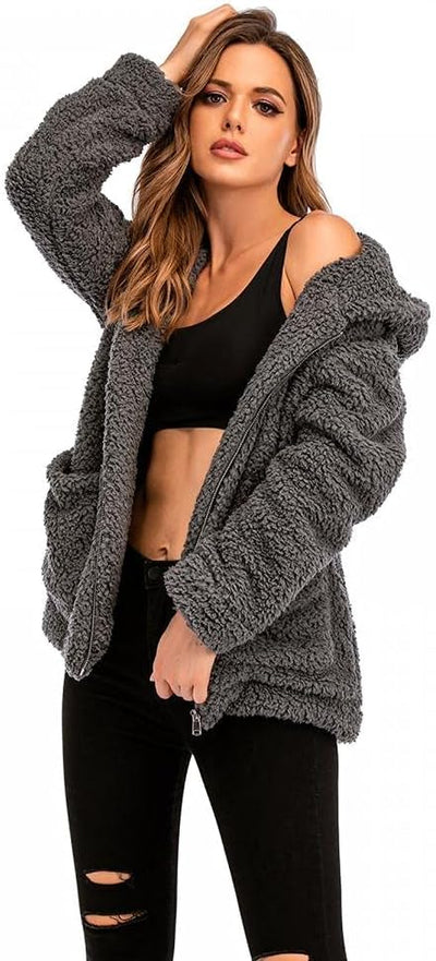 Women Plaid Faux Fleece Coat Long Sleeve Lapel Artificial Shearling Shaggy Jacket Fluffy Fuzzy Overcoat