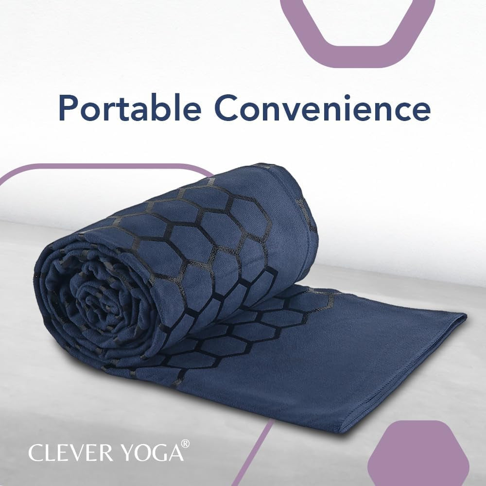 Non-Slip Hot Yoga Towel Mat - Sweat Absorbent Microfiber Suede & Double Sided Grip Hot Yoga Mat Towel with Honeycomb Design, Easy Portable for Pilates, Exercise, Workout - Dark Blue