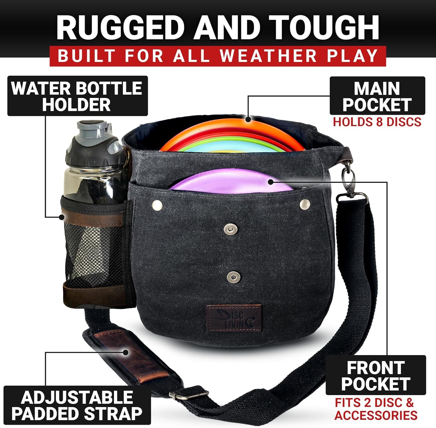 Disc Golf Bag | Frisbee Golf Bag | Easy to Carry | Lightweight Fits up to 10 Discs | 16 Oz Waxed Canvas Sturdy Design | Belt Loop | Double Button Design | Bottle Holder