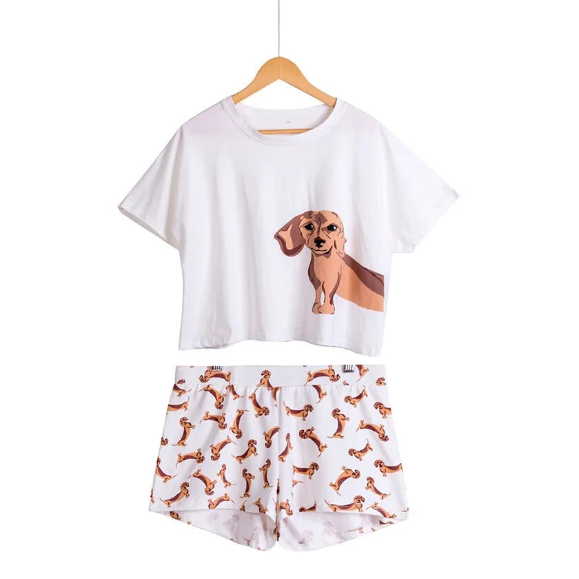 Women Corgi/Pug Dog Print Sets Crop Top + Shorts Stretchy Loose Tops Plus Size